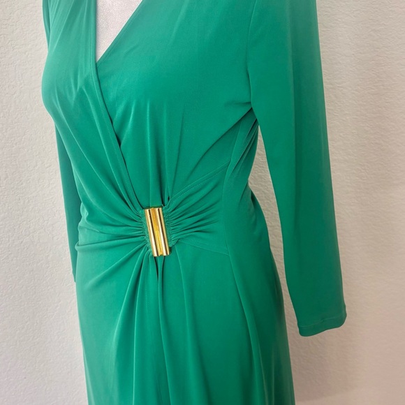 Calvin Klein Emerald Green Faux-Wrap Dress with Gold Accent - Picture 3 of 10